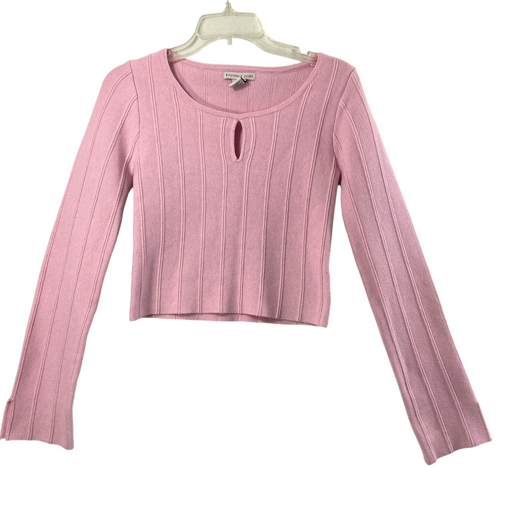 Sincerely Jules Sweater Women S Pink Ribbed Keyhole Long Sleeve Crop Top Pastel